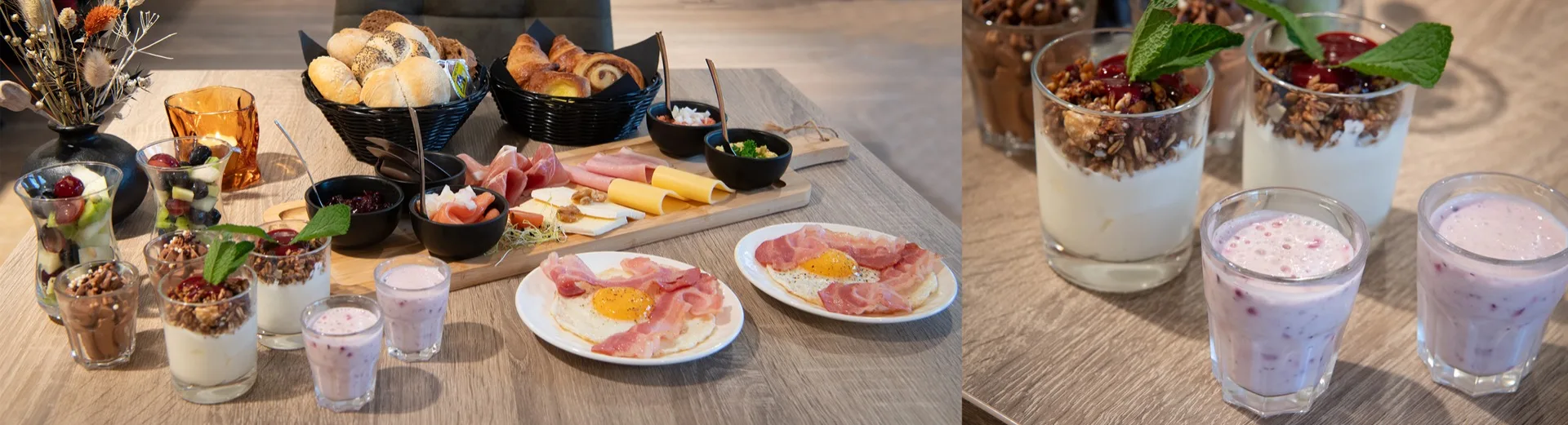 Een ontbijt uitgestald op tafel